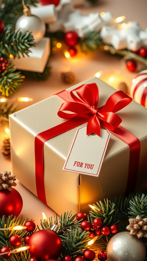 A festive Christmas gift box with a red ribbon and decorations, symbolizing thoughtful gifting.